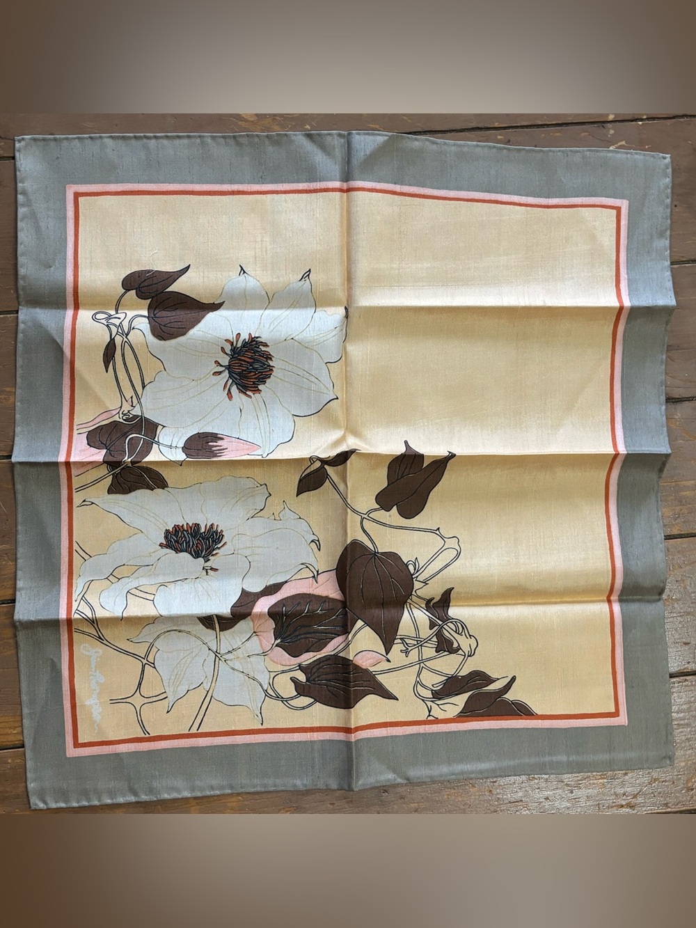 Jim Thompson Vintage Silk Scarf, featuring a Distinctive Clematis Floral Design